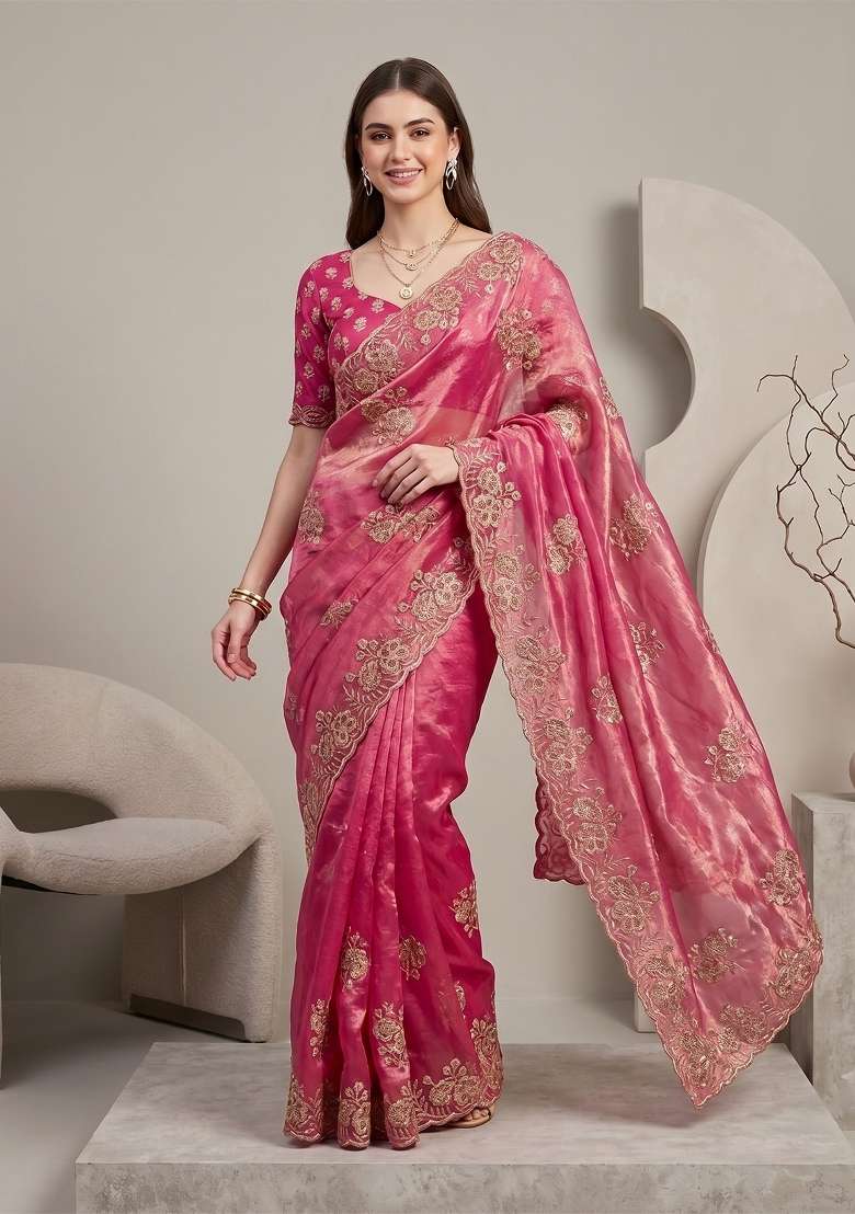 Rani Pink Floral Print Satin Saree Set - Indya