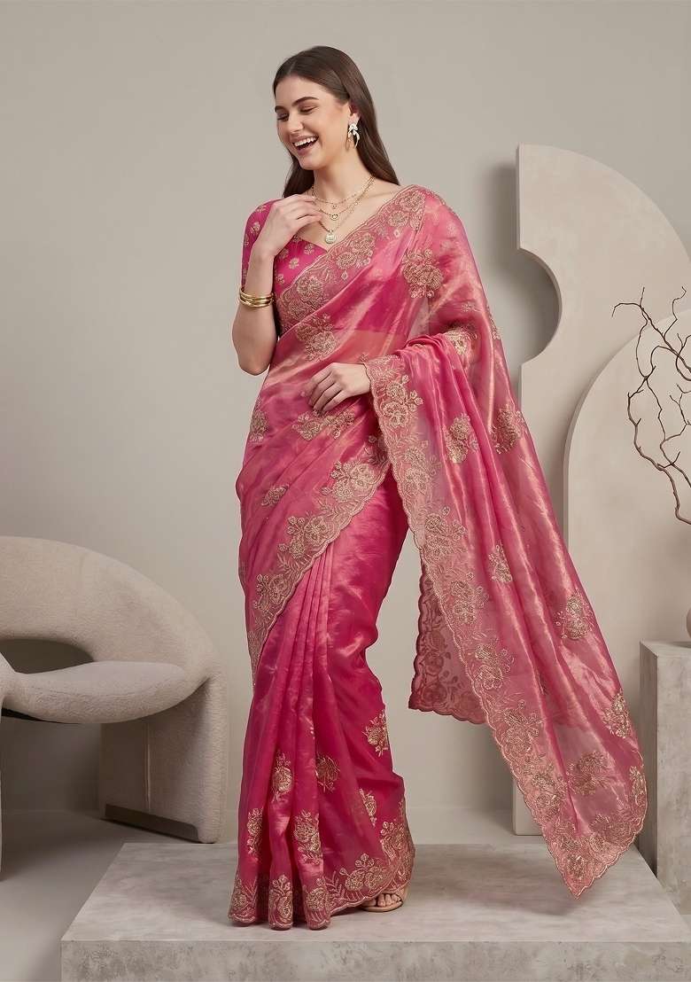 Rani Pink Floral Print Satin Saree Set - Indya