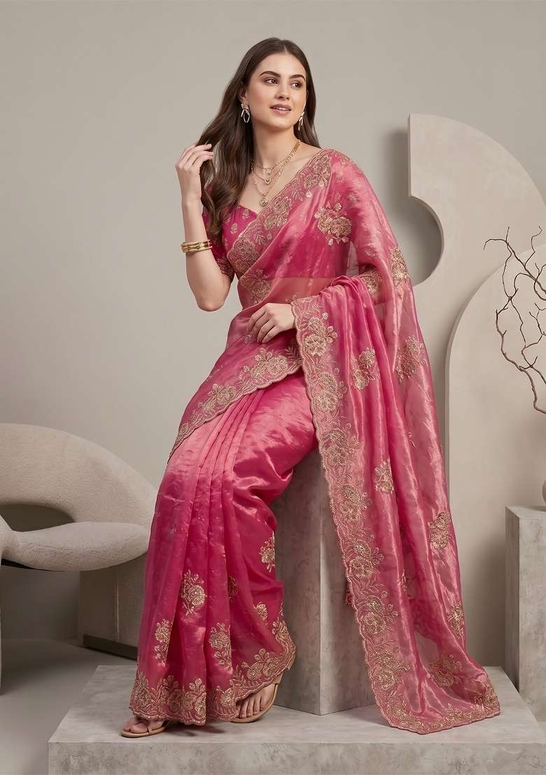 Rani Pink Floral Print Satin Saree Set - Indya