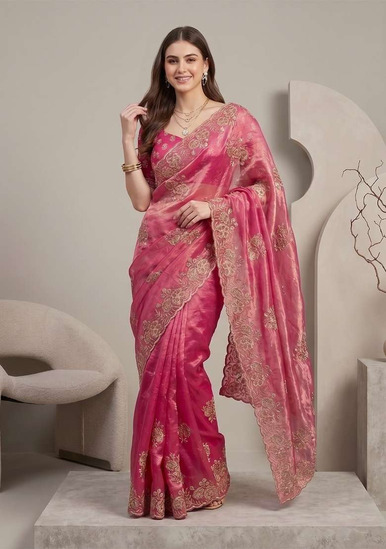 Rani Pink Floral Print Satin Saree Set - Indya