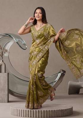 Olive Green Floral Print Satin Saree Set