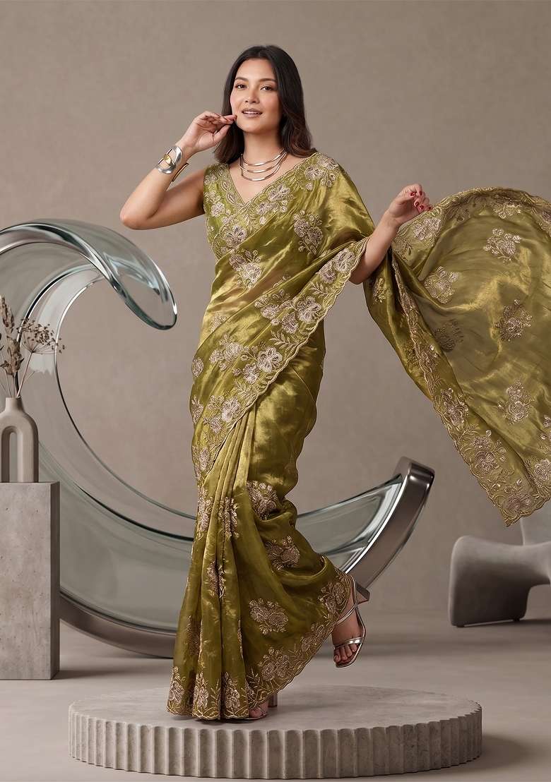 Olive Green Floral Print Satin Saree Set - Indya