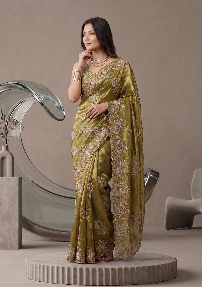 Olive Green Floral Print Satin Saree Set - Indya