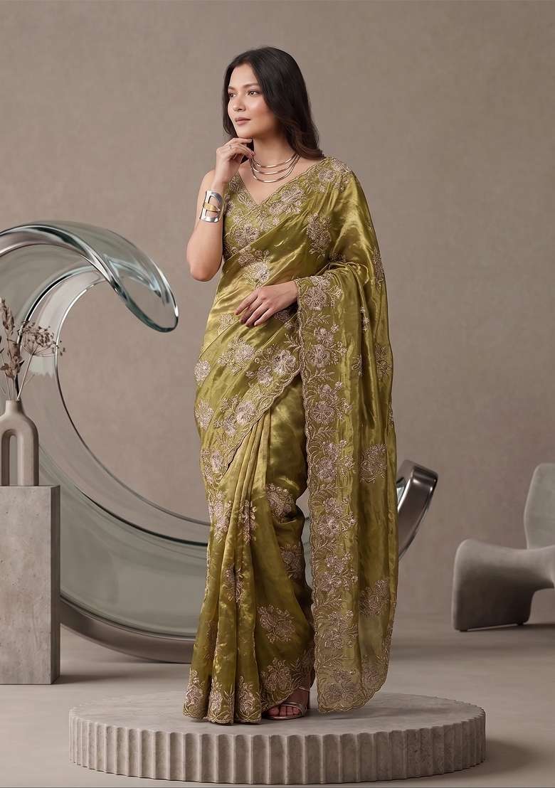 Olive Green Floral Print Satin Saree Set - Indya