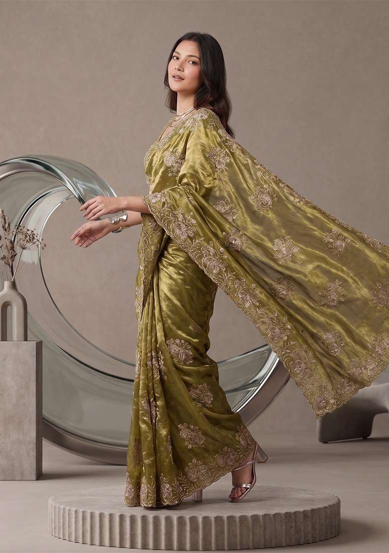 Olive Green Floral Print Satin Saree Set - Indya