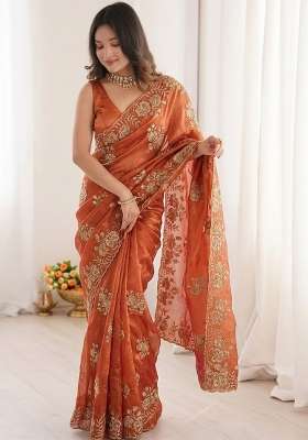 Rust Orange Floral Print Satin Saree Set