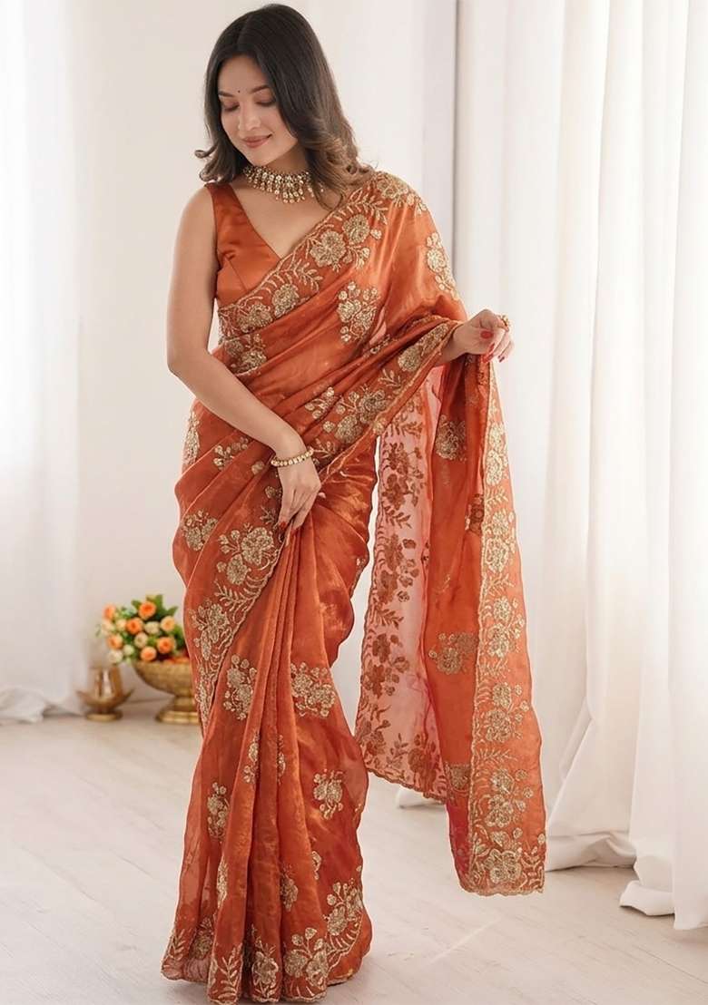 Rust Orange Floral Print Satin Saree Set - Indya