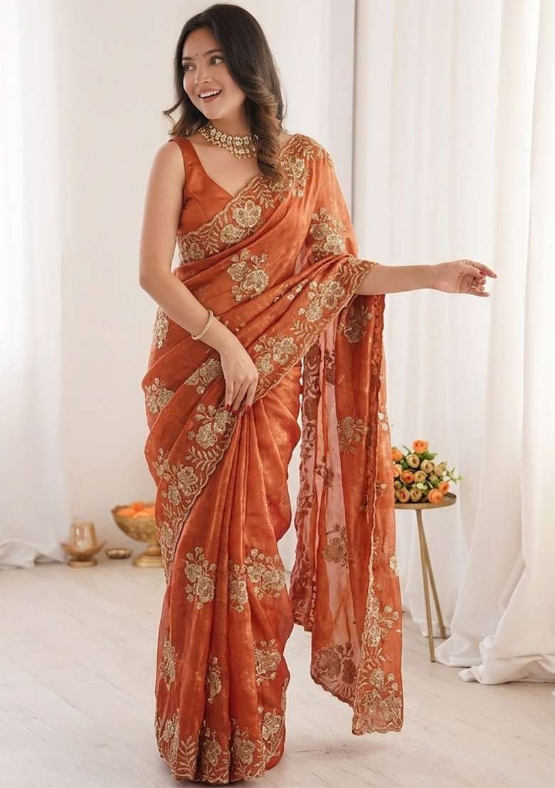 Rust Orange Floral Print Satin Saree Set - Indya