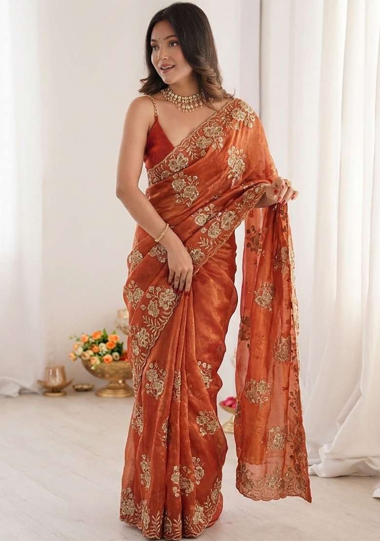 Rust Orange Floral Print Satin Saree Set - Indya