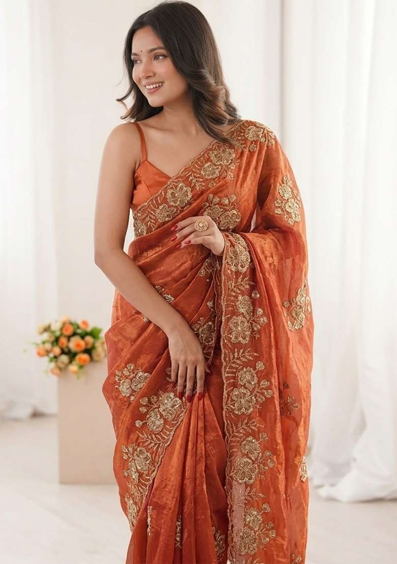 Rust Orange Floral Print Satin Saree Set - Indya