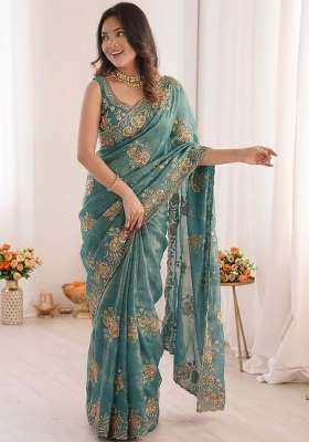 Sea Green Floral Print Satin Saree Set