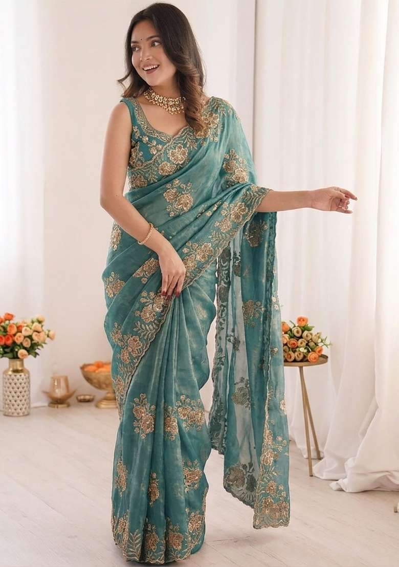 Sea Green Floral Print Satin Saree Set - Indya