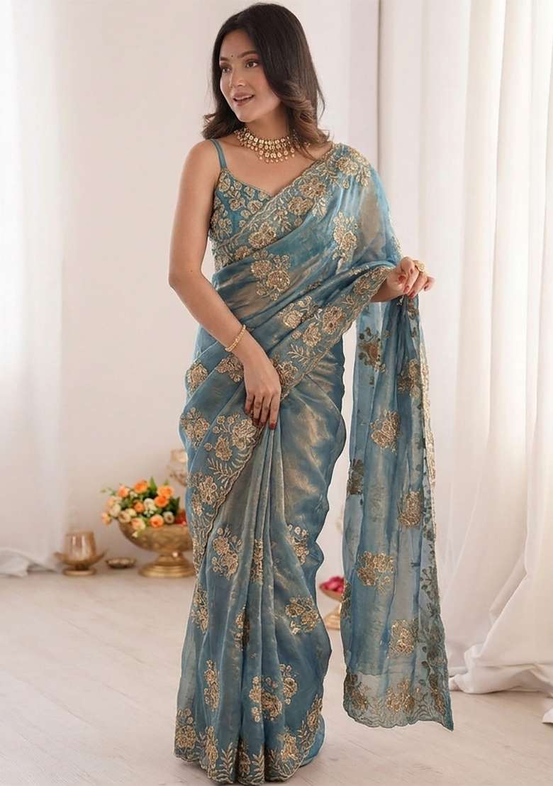Sea Green Floral Print Satin Saree Set - Indya