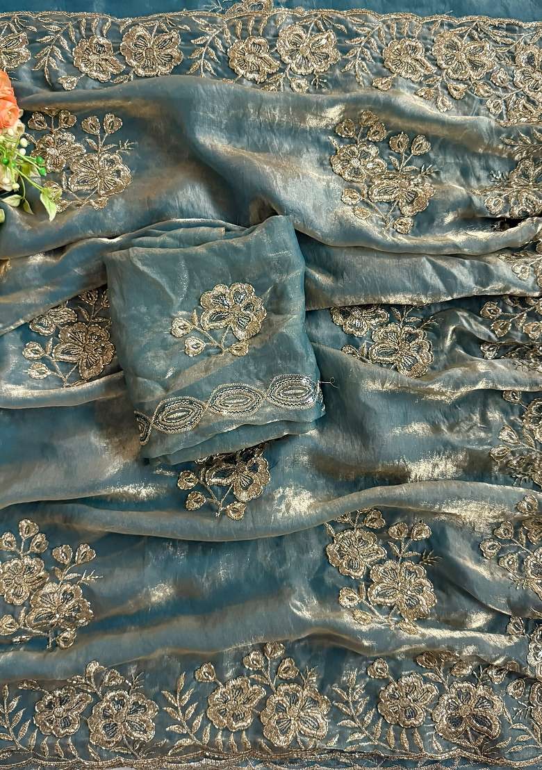 Sea Green Floral Print Satin Saree Set - Indya