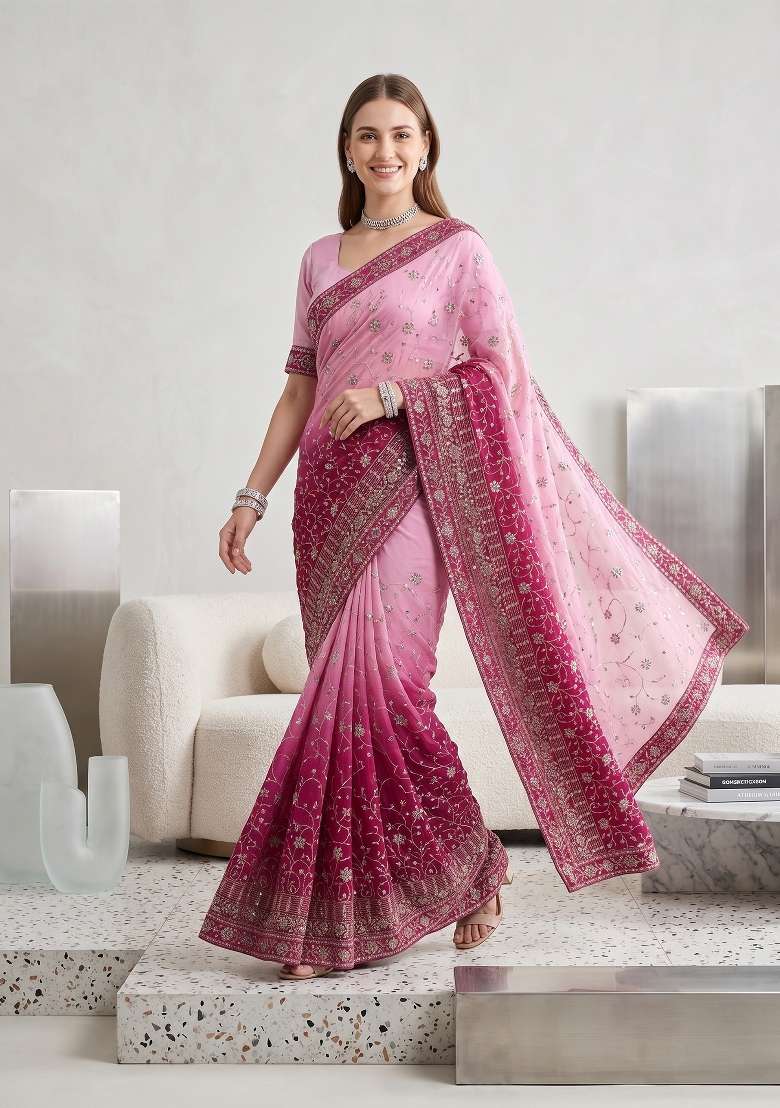 Pink Kalamkari Georgette Saree Set - Indya