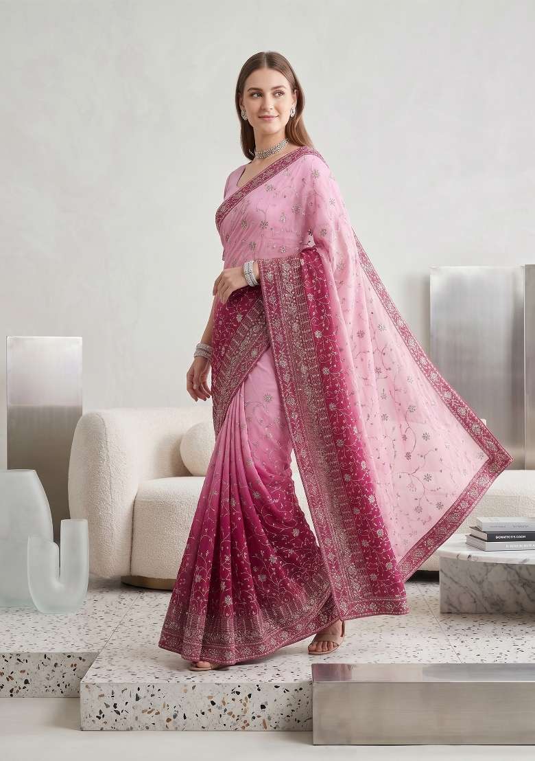 Pink Kalamkari Georgette Saree Set - Indya