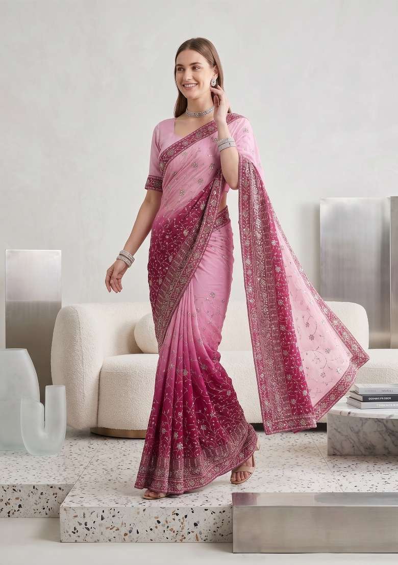 Pink Kalamkari Georgette Saree Set - Indya