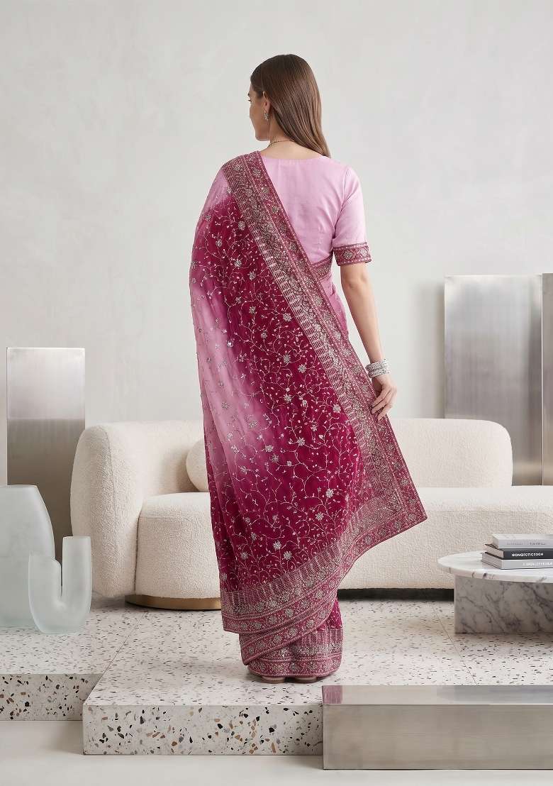 Pink Kalamkari Georgette Saree Set - Indya