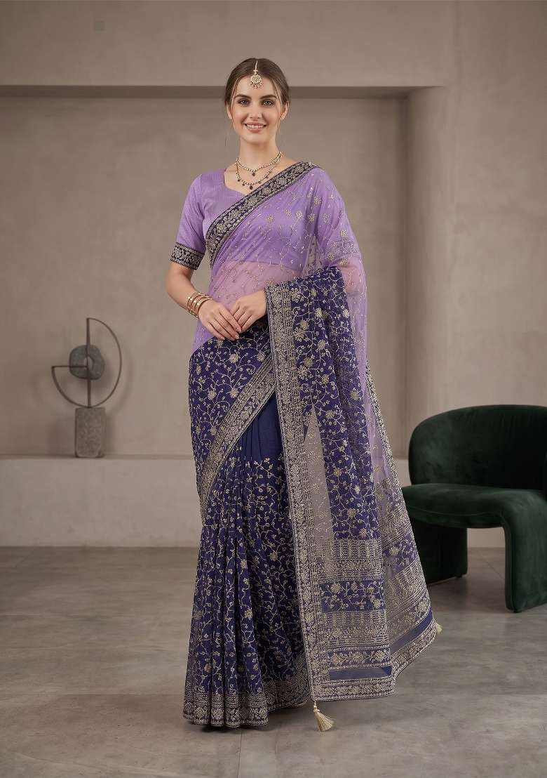 Purple Kalamkari Georgette Saree Set - Indya