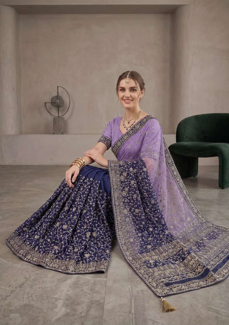 Purple Kalamkari Georgette Saree Set - Indya