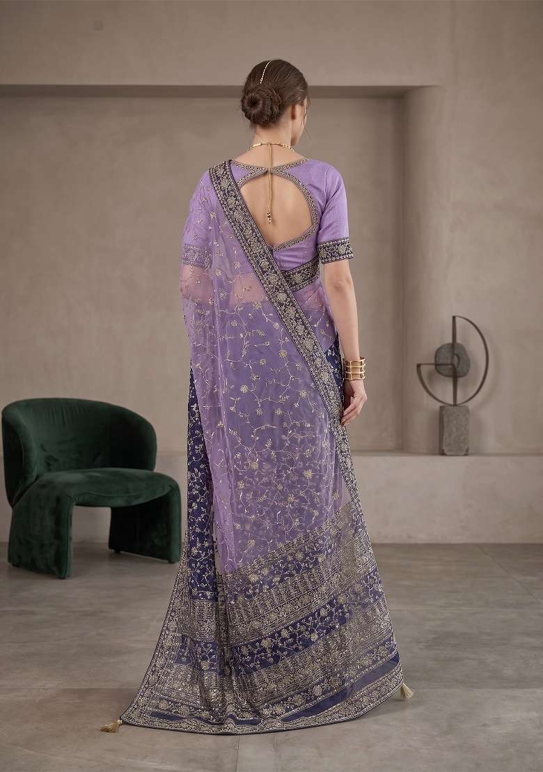 Purple Kalamkari Georgette Saree Set - Indya