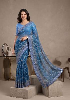 Sky Blue Kalamkari Georgette Saree Set