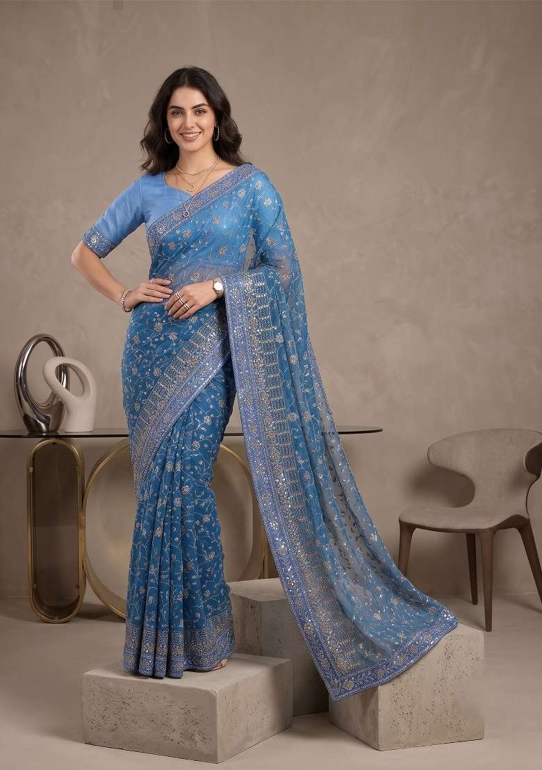 Sky Blue Kalamkari Georgette Saree Set - Indya