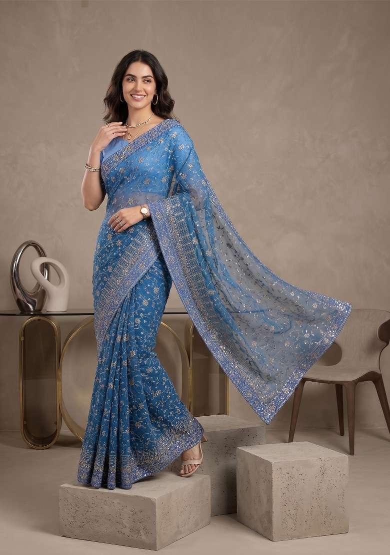 Sky Blue Kalamkari Georgette Saree Set - Indya