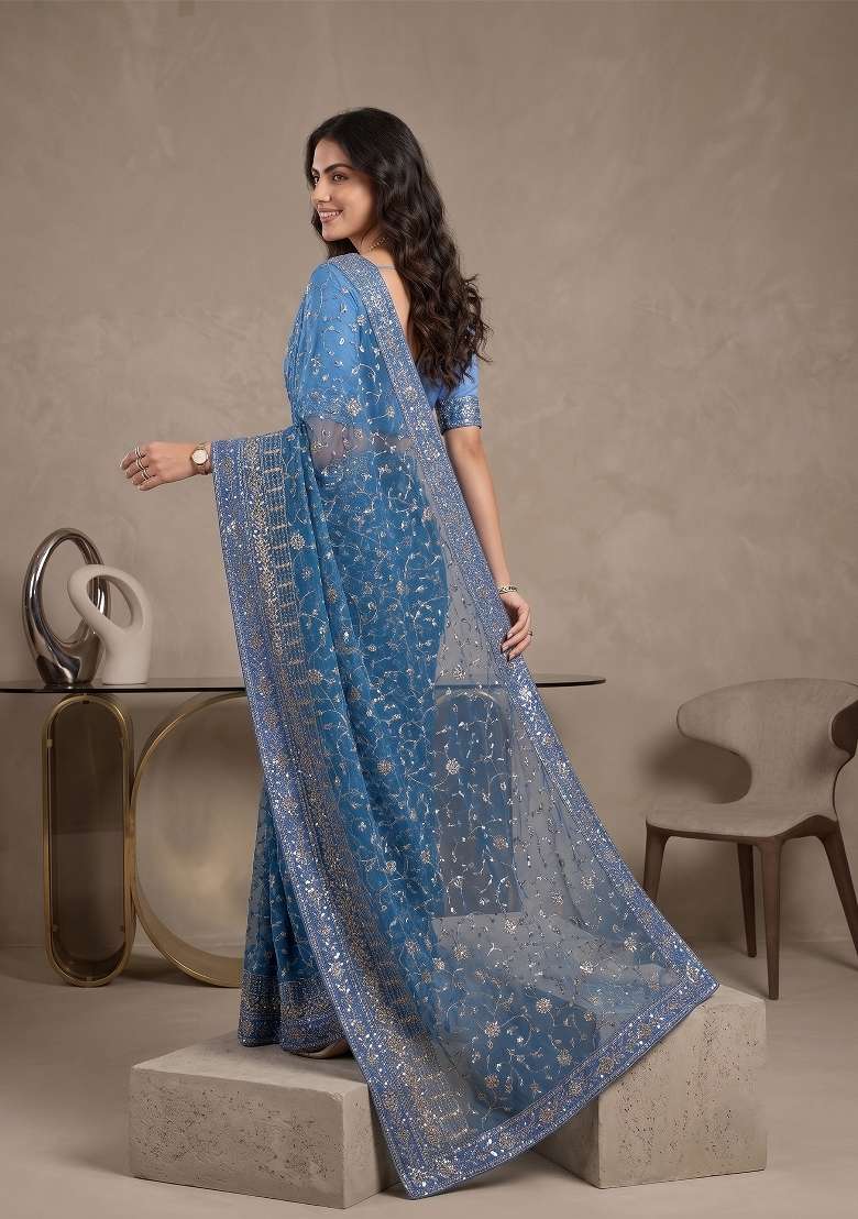 Sky Blue Kalamkari Georgette Saree Set - Indya