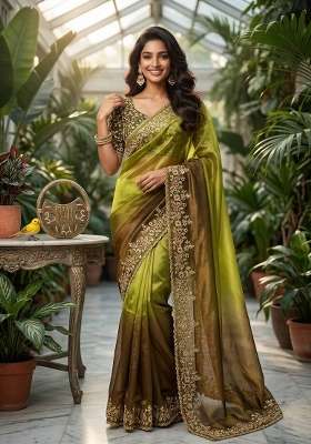 Olive Green Butta Work Tebby Silk Saree Set