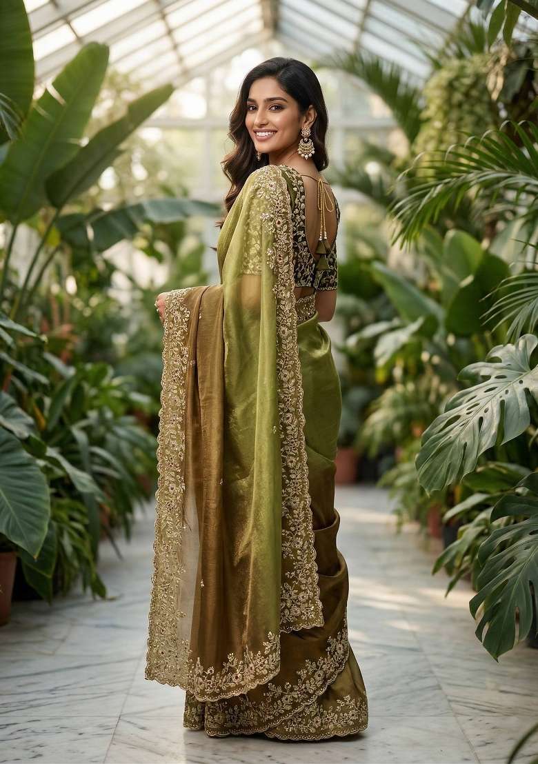 Olive Green Butta Work Tebby Silk Saree Set - Indya