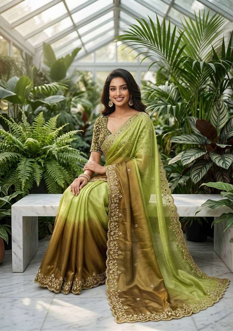 Olive Green Butta Work Tebby Silk Saree Set - Indya