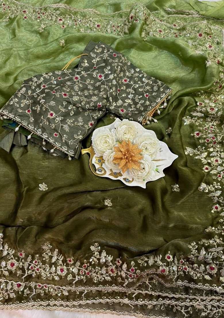 Olive Green Butta Work Tebby Silk Saree Set - Indya