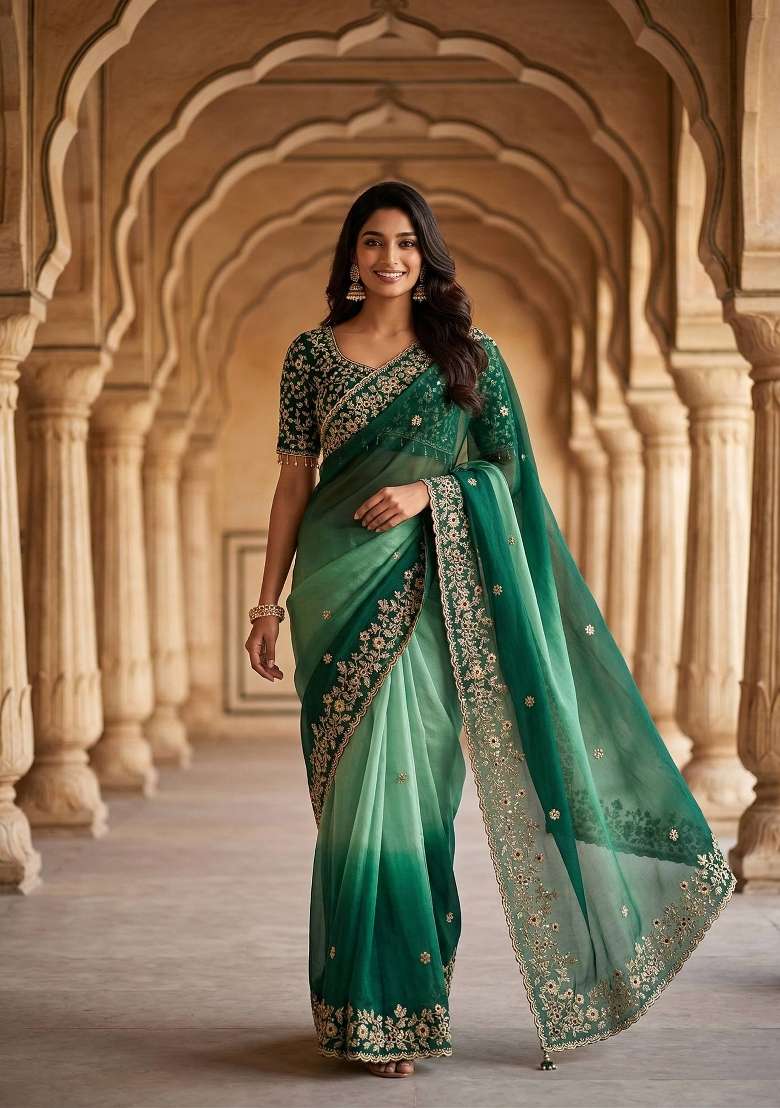 Emerald Green Butta Work Tebby Silk Saree Set - Indya