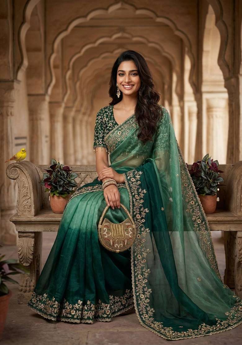 Emerald Green Butta Work Tebby Silk Saree Set - Indya
