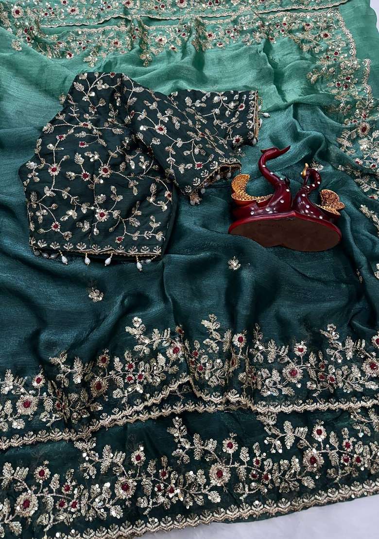 Emerald Green Butta Work Tebby Silk Saree Set - Indya
