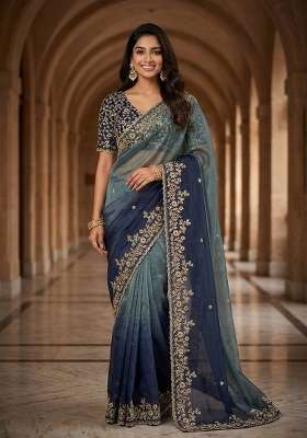 Greyish Blue Butta Work Tebby Silk Saree Set