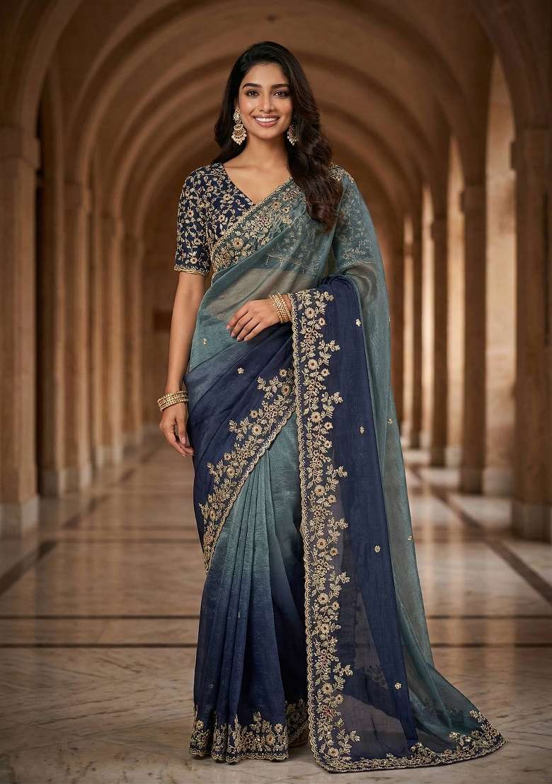 Greyish Blue Butta Work Tebby Silk Saree Set - Indya