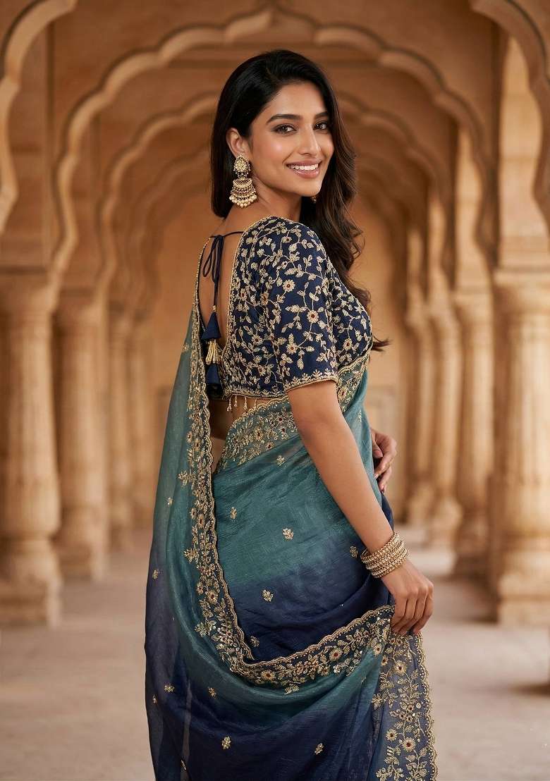 Greyish Blue Butta Work Tebby Silk Saree Set - Indya