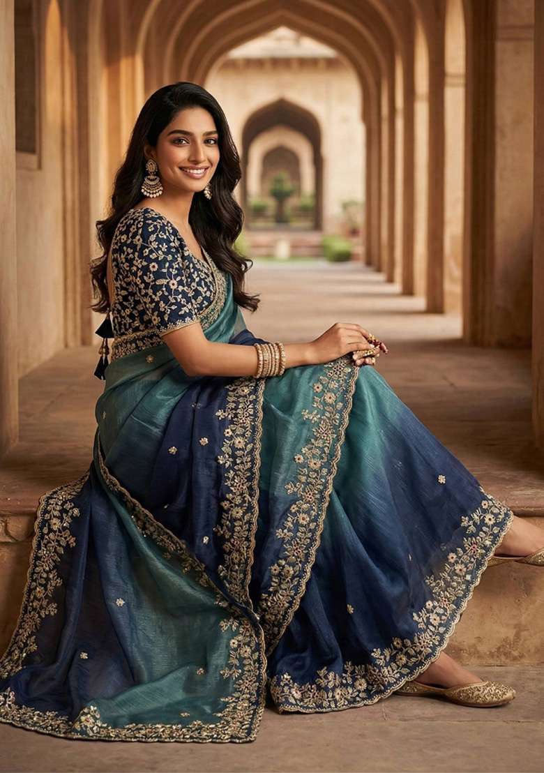 Greyish Blue Butta Work Tebby Silk Saree Set - Indya