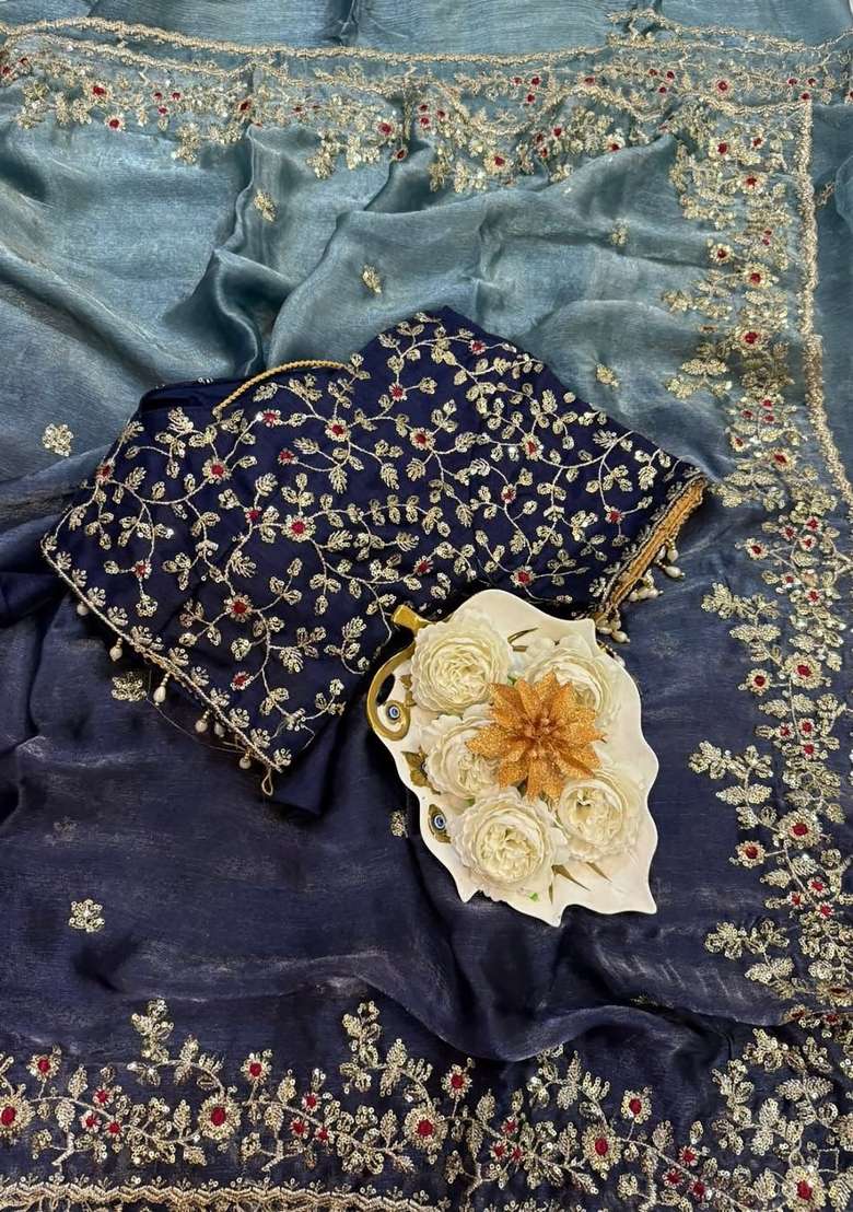 Greyish Blue Butta Work Tebby Silk Saree Set - Indya