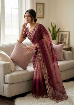 Wine Butta Work Tebby Silk Saree Set