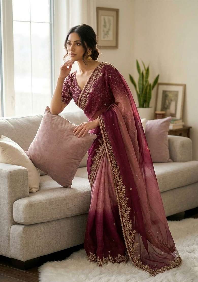 Wine Butta Work Tebby Silk Saree Set - Indya