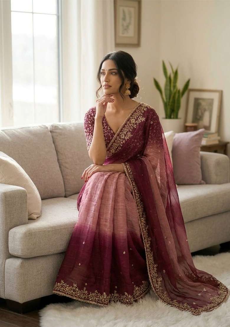 Wine Butta Work Tebby Silk Saree Set - Indya