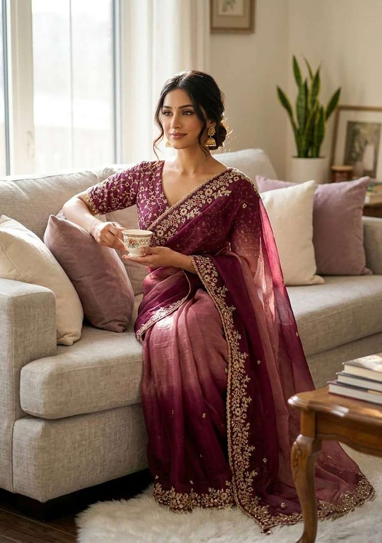 Wine Butta Work Tebby Silk Saree Set - Indya