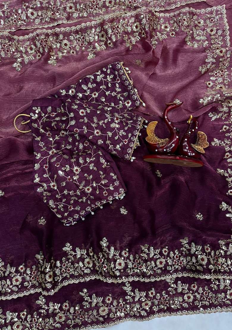 Wine Butta Work Tebby Silk Saree Set - Indya