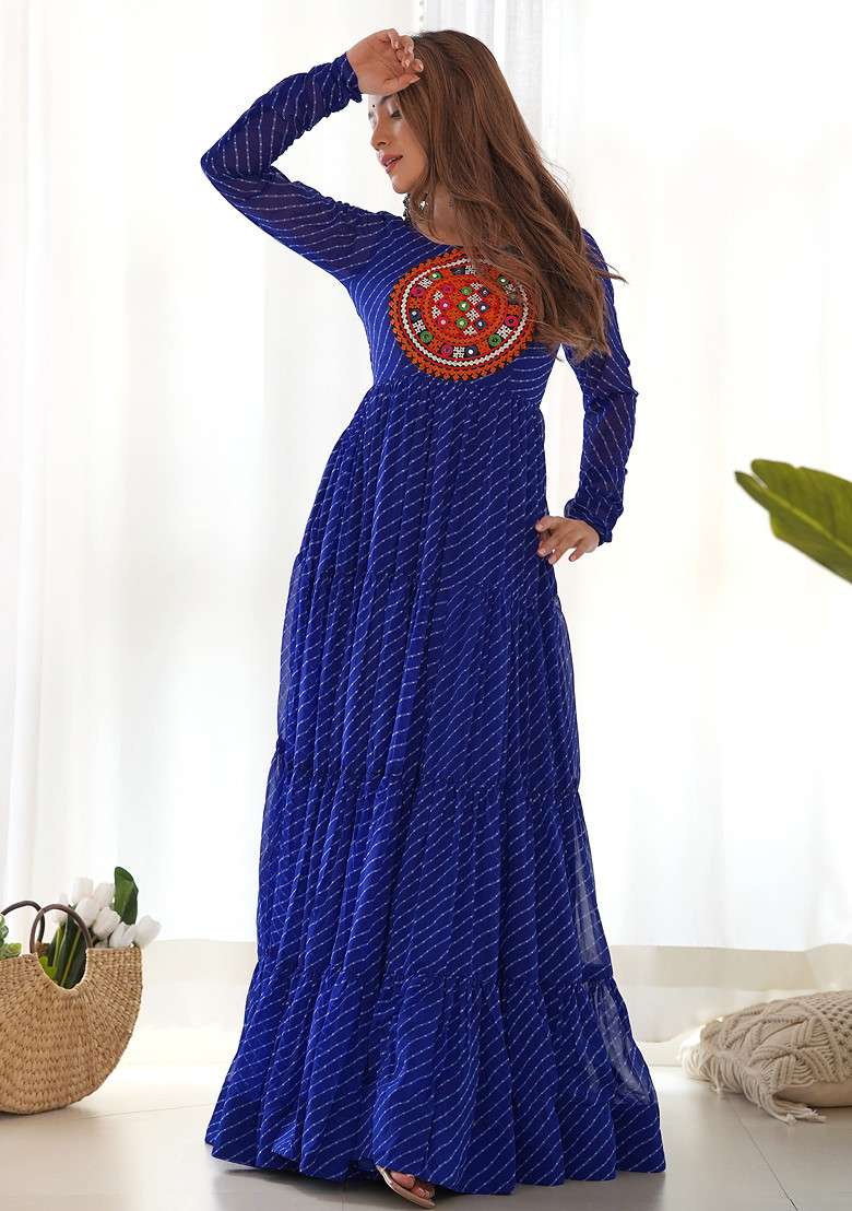 Blue Printed Faux Georgette Gown - Indya