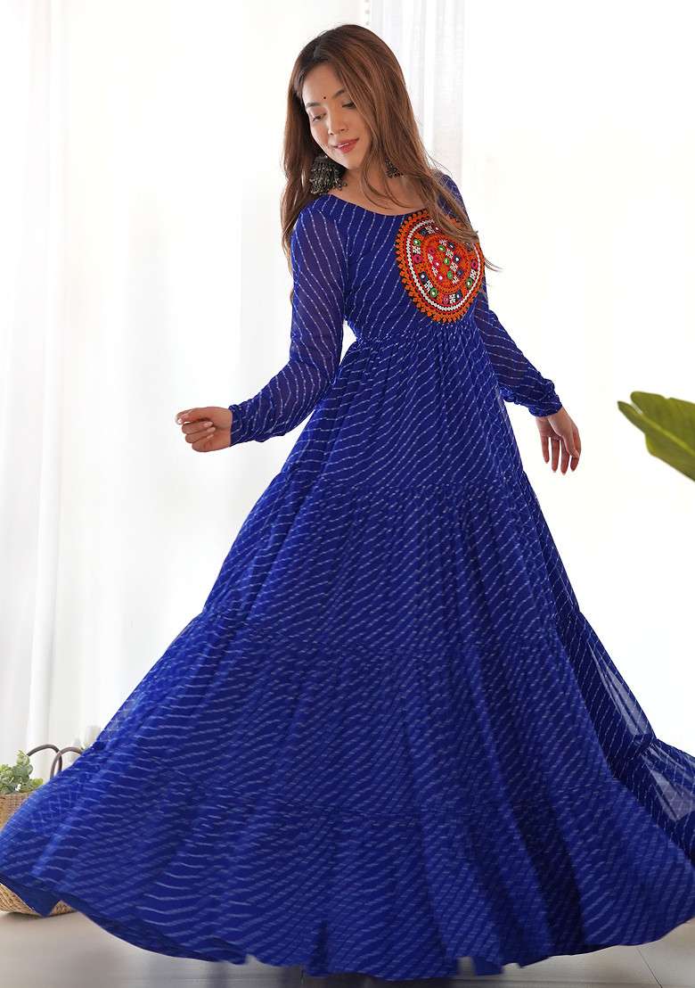 Blue Printed Faux Georgette Gown - Indya