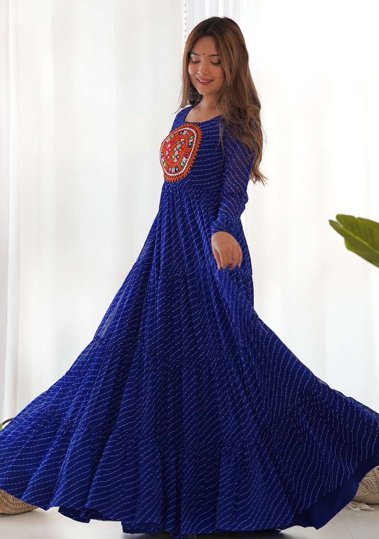 Blue Printed Faux Georgette Gown - Indya