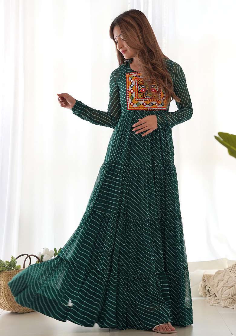 Green Printed Faux Georgette Gown - Indya